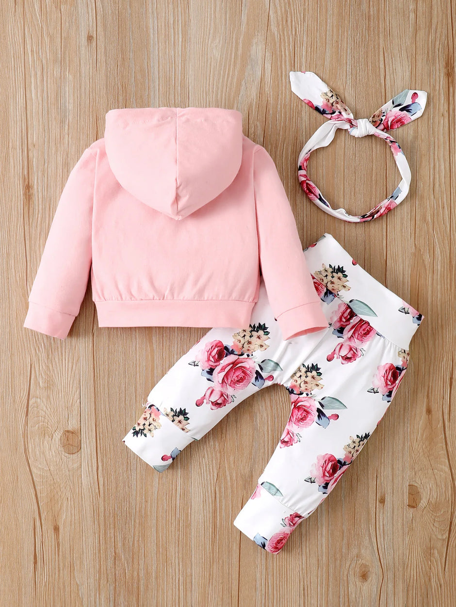 0-18 Months Toddler Baby Girl 3PCS Hooded Clothes Set Flowers Print Long Sleeve Top+Pant+Bowknot Headband Fashion Autumn Outfit