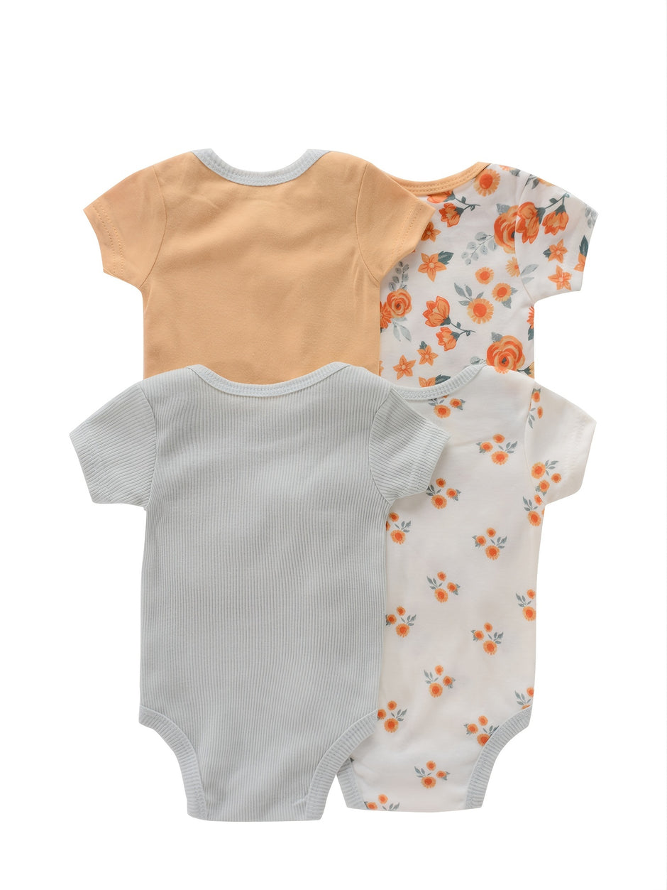 4PCS Newborn Infant Romper Short Sleeve Round Neck Cartoon Animal Flowers Print Bodysuit Onesies For Baby Boys And Girls Clothes