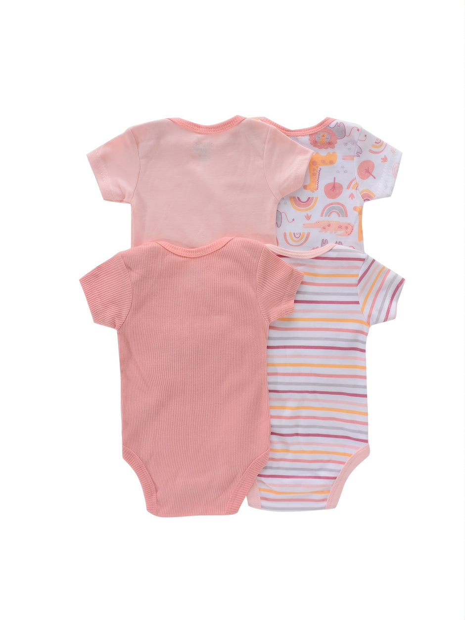 4PCS Newborn Infant Romper Short Sleeve Round Neck Cartoon Animal Flowers Print Bodysuit Onesies For Baby Boys And Girls Clothes