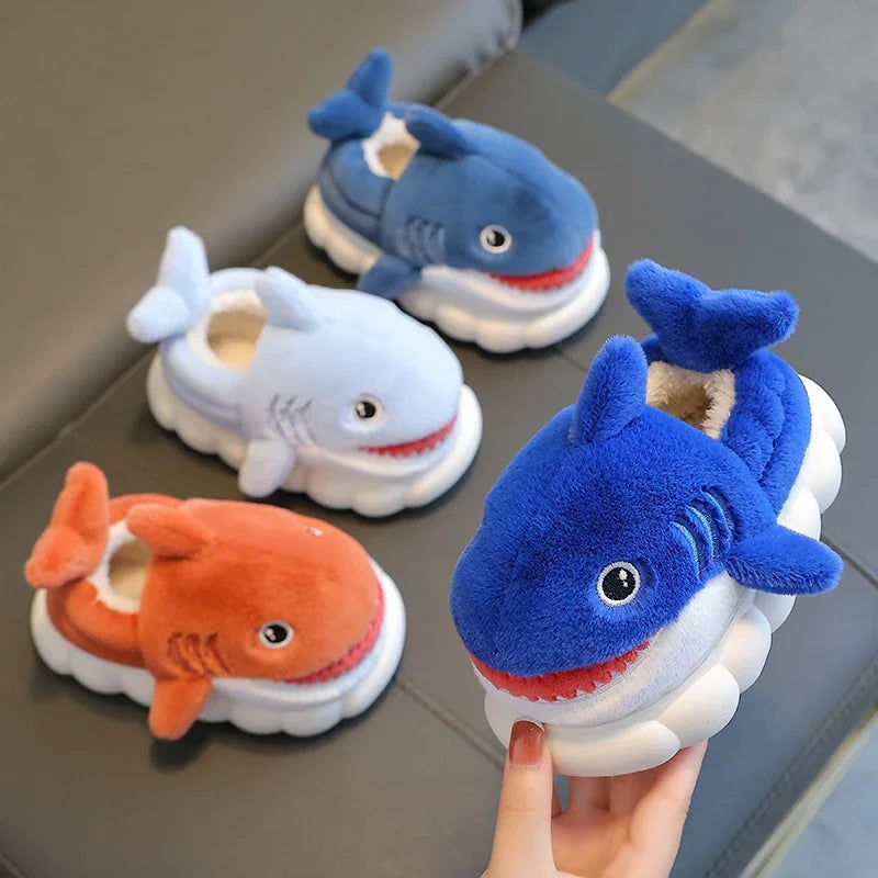 New Winter Wrap Heels Cute Cartoon Shark Cotton Slippers Children's Non-slip Soft For Kids Girls Boys Baby Warm Plush Home Shoes