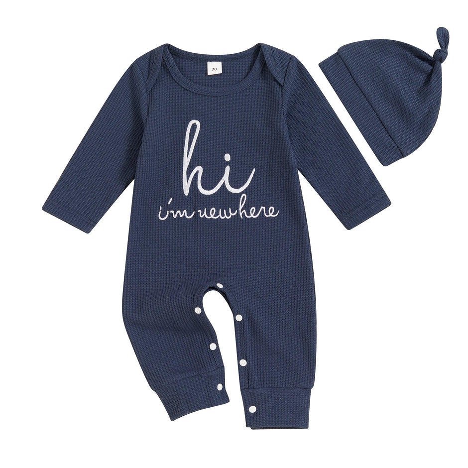 Citgeett Autumn Infant Baby Boy Romper Casual Letter Print Long Sleeve Jumpsuit Beanies Hat Set Fall Outfit Clothes