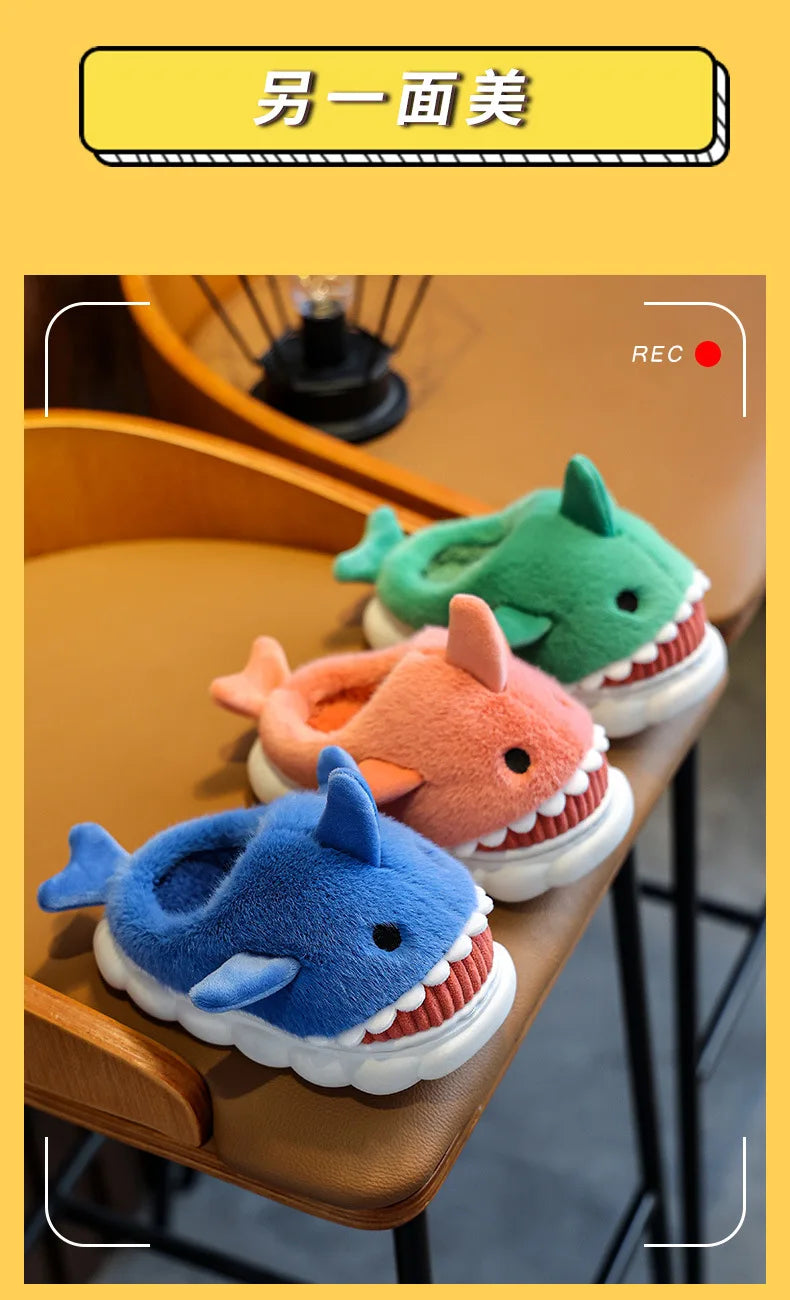 Children Cotton Slippers Baby Boy Shoes Autumn Winter Cute Cartoon Small Shark Child Slipper Home Indoor Anti-slip Platform Shoe