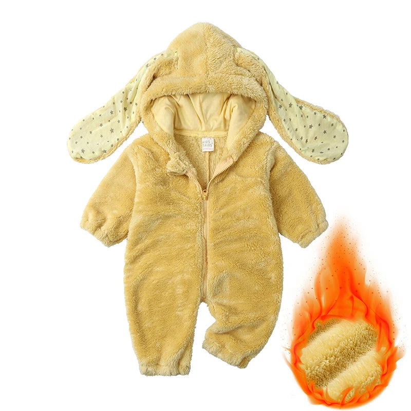 Baby Plush Rompers Winter Toddler Warm Polar Fleece Outfits Newborn Long Sleeve Bunny Ear Hooded Zipper Closure Jumpsuits