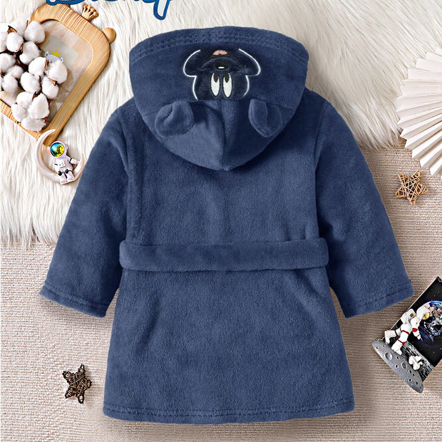 【Officially Licensed】Disney Mickey Mouse Spring and Autumn Style Baby Boy Home Robe Cute Cartoon Mickey Mouse Head Print Belted Hooded Robe Children's Daily Casual Skin-Friendly Soft Warm Comfortable Children's Clothing B