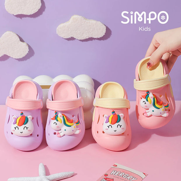 Kawaii Garden Shoes For Little Kid With Unicorn Charm Rainbow Color Girl's Clogs Outdoor Thick Sole Anti-slip Sandals Summer