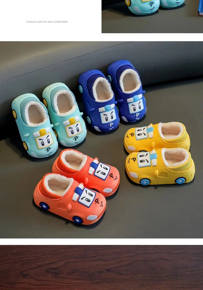 Cartoon Car Slippers Children Winter Warmer Plush Slides Babi Lovely Indoor Slippers Shoes Kids