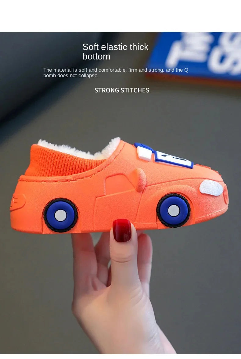 Cartoon Car Slippers Children Winter Warmer Plush Slides Babi Lovely Indoor Slippers Shoes Kids