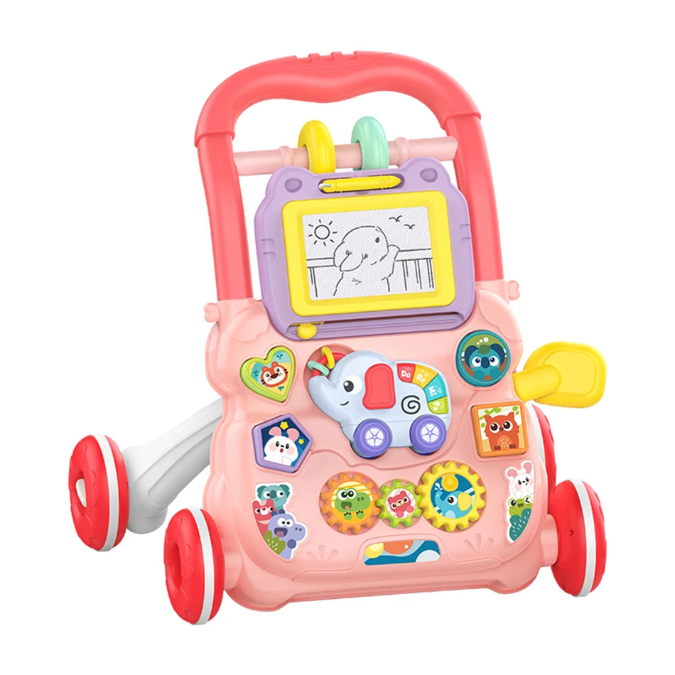 Baby Cartoon Push Walker Toys with Music Drawing Board Multifunction Activity Learning Walk Toddler Walker for 12M+ Infants