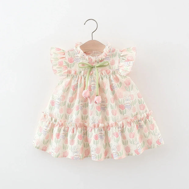 Summer Hardwear Girl Dress Tulip Cartoon Rabbit Print Small Flying Sleeves Flower Neck Bow Ribbon Tulip Flower Pattern