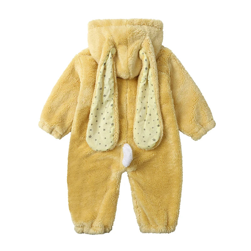 Baby Plush Rompers Winter Toddler Warm Polar Fleece Outfits Newborn Long Sleeve Bunny Ear Hooded Zipper Closure Jumpsuits