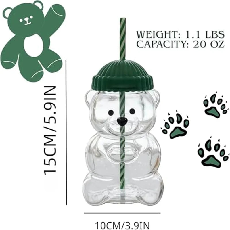 New glass bear cup with straw and lid, 20 oz high borosilicate glass, suitable for all beverages, can be used in microwave oven