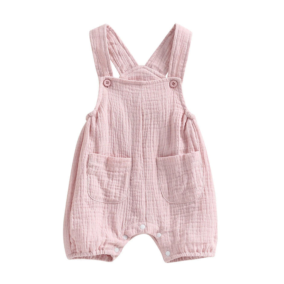 pudcoco Baby Summer Suspenders Jumpsuit Solid Color Sleeveless Romper with Pockets for Newborn Infant Boy Girls