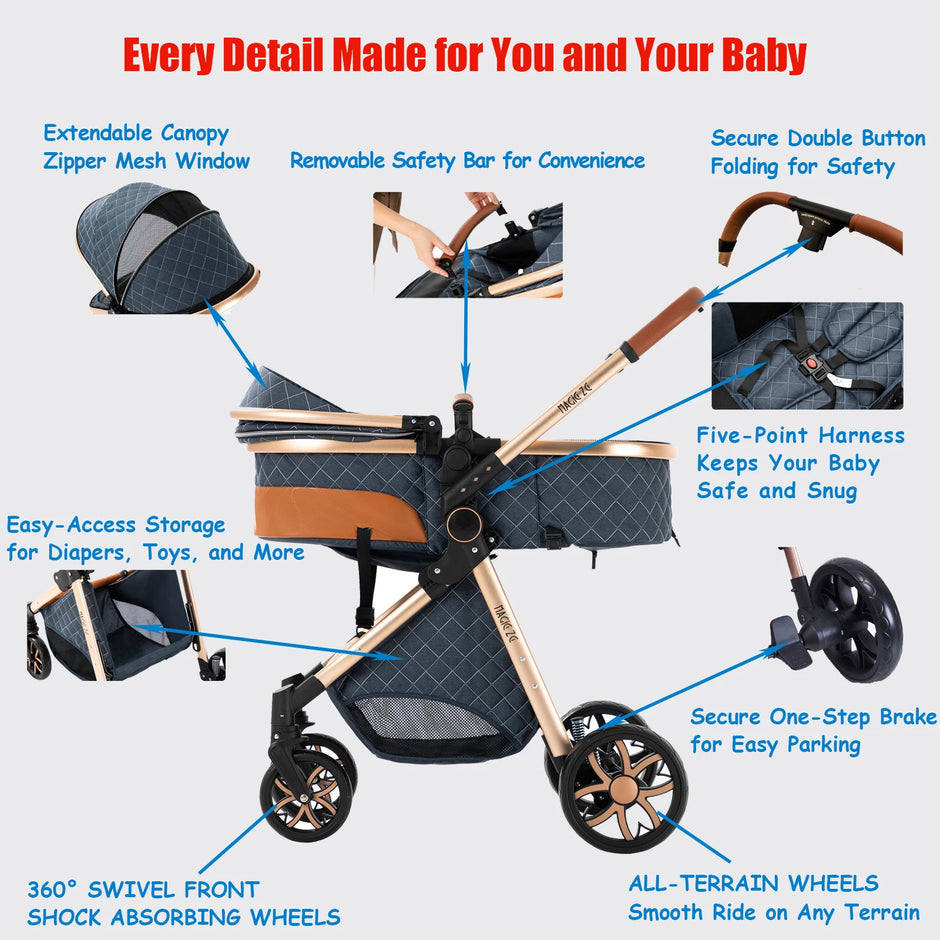 Baby Stroller 3‑in‑1 Travel System Pushchair Lightweight Pram from Birth All‑Terrain Baby Buggy Compact Fold Stroller Summer