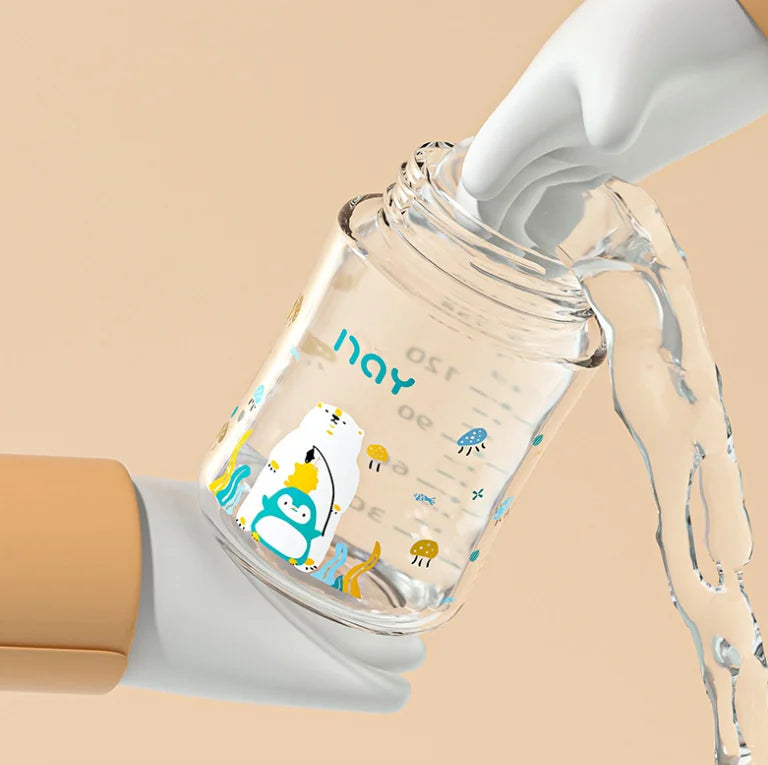 Colorful cartoon baby baby anti choking glass bottle suitable for newborns, 160ml 240ml 0-3 month bottle
