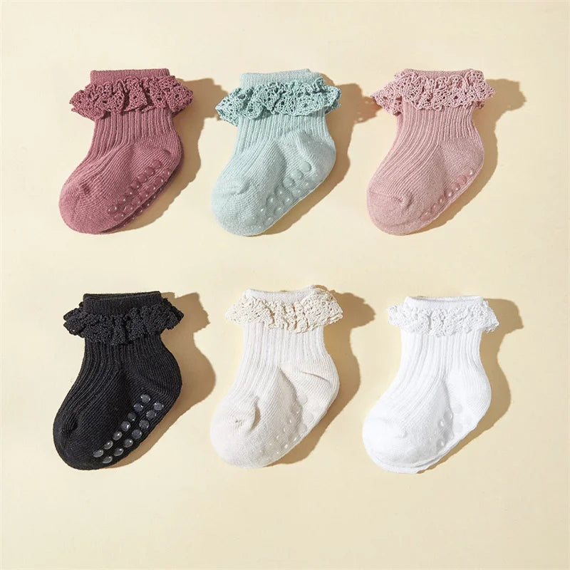 6Pairs/Lot Newborn Baby Floor Socks For Girls Cotton Toddler Sweet Lace Infant Home Toddler Socks Non-slip 0-3Y Spring Autumn