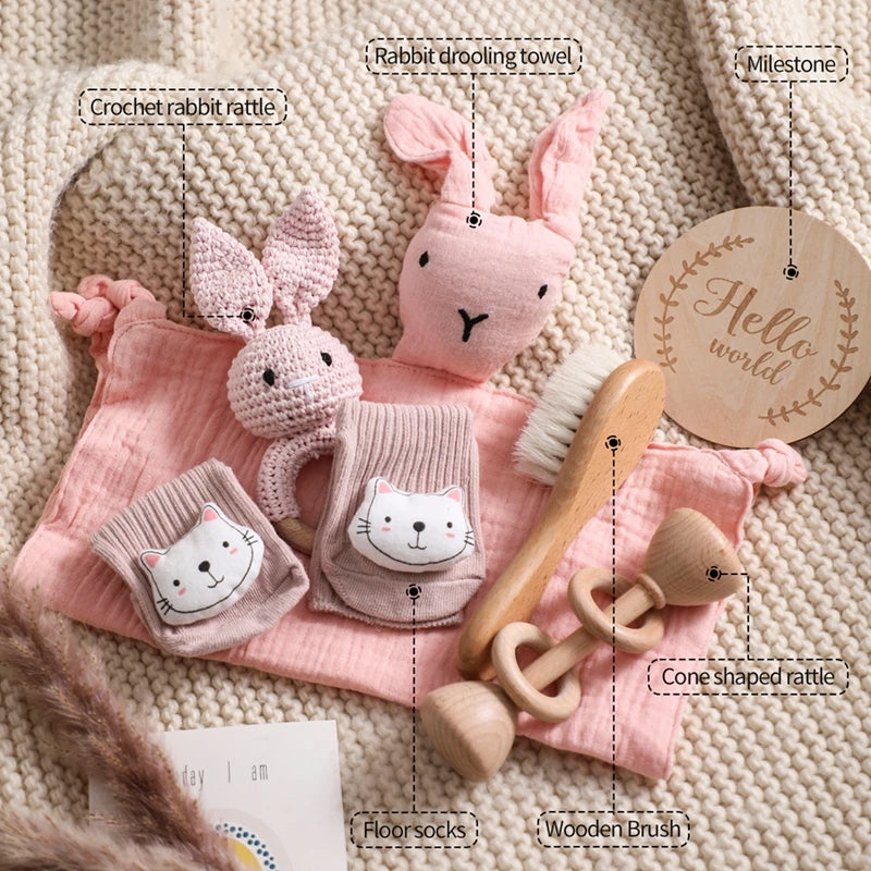 Let's Make Baby Bath Toy Set Double Sided Cotton Blankets Crochet Rattle Wooden Ring Infant Teether Bath Brush For Newborn Gift