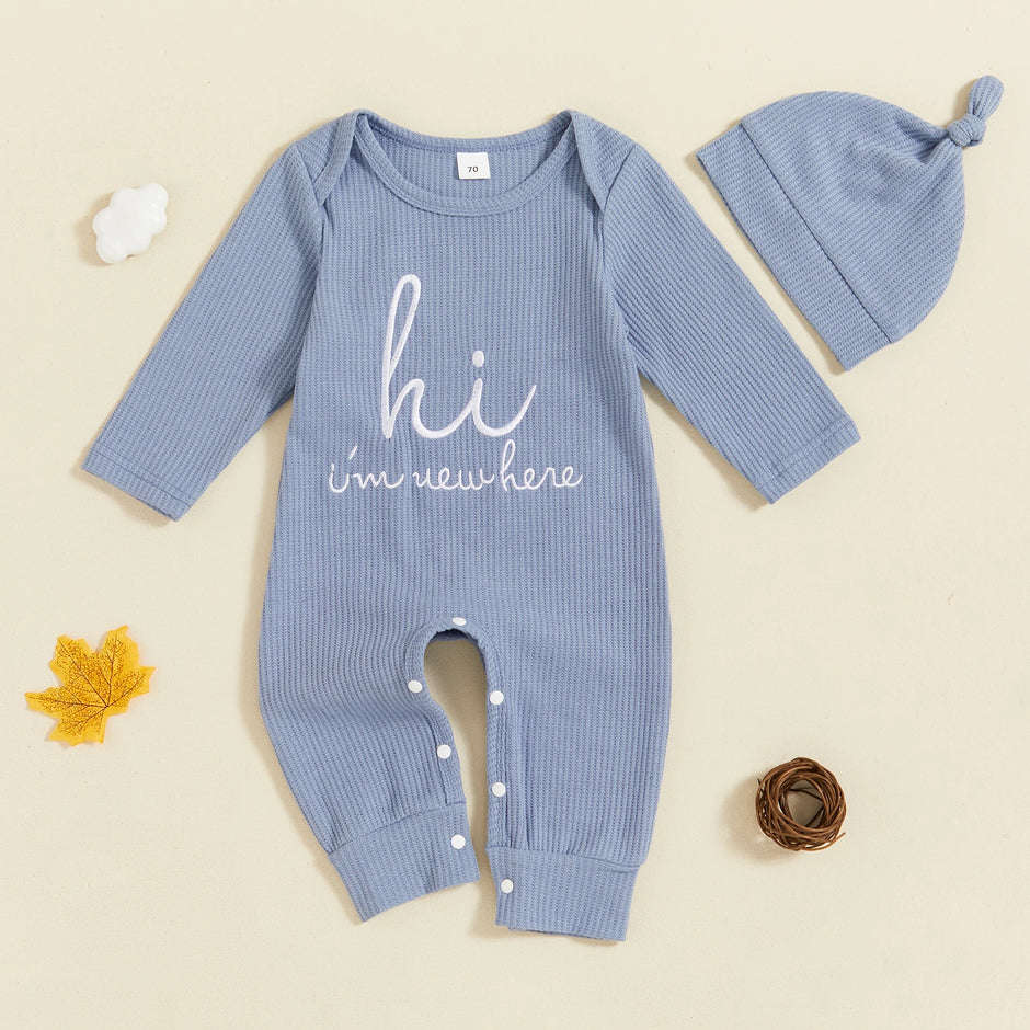 Citgeett Autumn Infant Baby Boy Romper Casual Letter Print Long Sleeve Jumpsuit Beanies Hat Set Fall Outfit Clothes