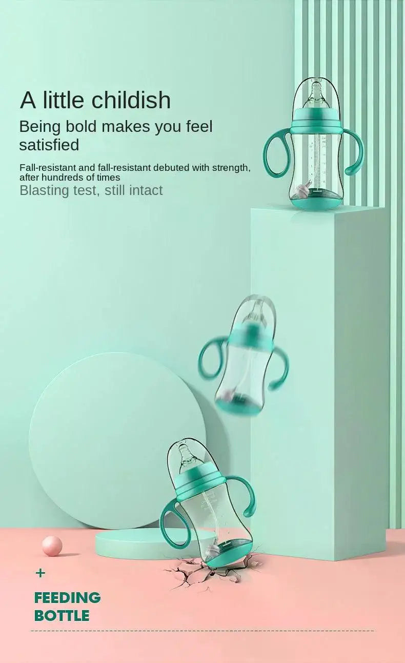 Baby Silicone Feeding Bottles Infant Drop-proof Milk Bottle with Straw Child Anti-hot Handle Drinking Bottle Baby Milk Feeding