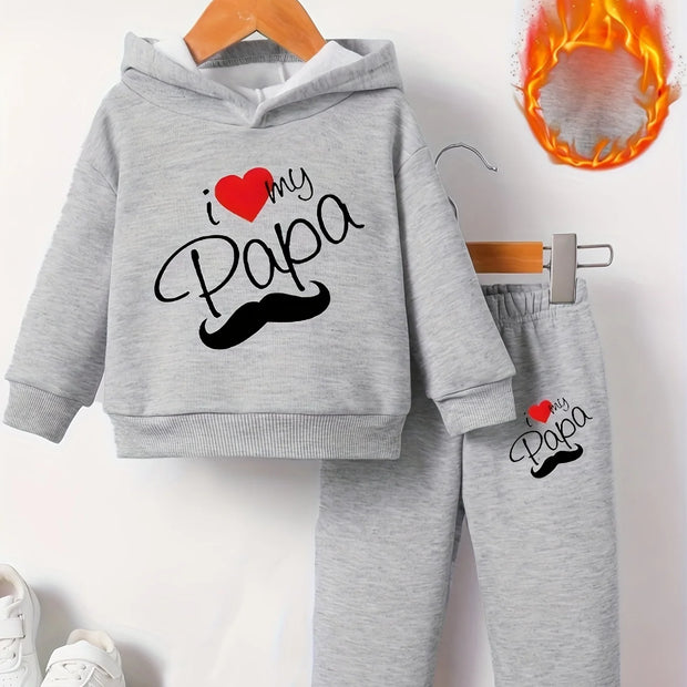 Newborn Baby Boy Long Sleeve Fleece Hoodie with Cartoon Letter Heart Print  Casual Sports Pants Set Autumn Winter
