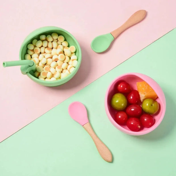 High Quality Spill-Proof Silicone Feeding Bowl Baby Dishes Kid Dinner Spoon Food Grade Silicone Baby Silicone Tableware