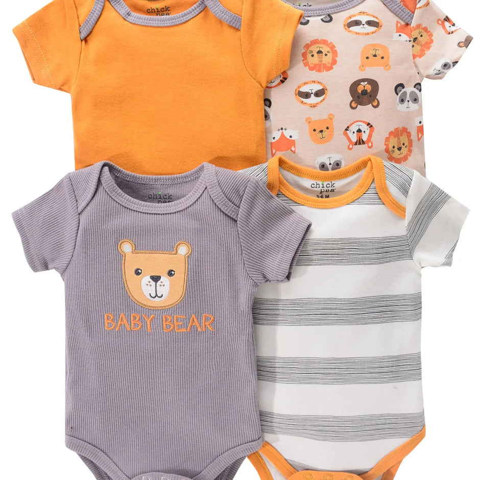 4PCS Newborn Infant Romper Short Sleeve Round Neck Cartoon Animal Flowers Print Bodysuit Onesies For Baby Boys And Girls Clothes
