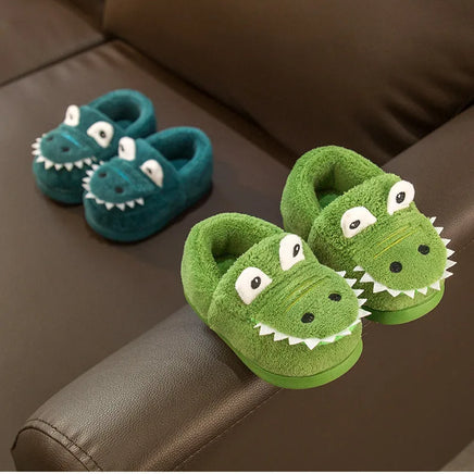 Cute green plush slippers with dinosaur cartoon pattern, suitable for toddlers, boys and girls, indoor home shoes, slip-on desig