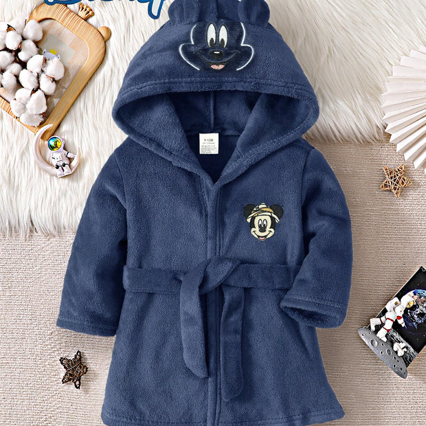 【Officially Licensed】Disney Mickey Mouse Spring and Autumn Style Baby Boy Home Robe Cute Cartoon Mickey Mouse Head Print Belted Hooded Robe Children's Daily Casual Skin-Friendly Soft Warm Comfortable Children's Clothing B