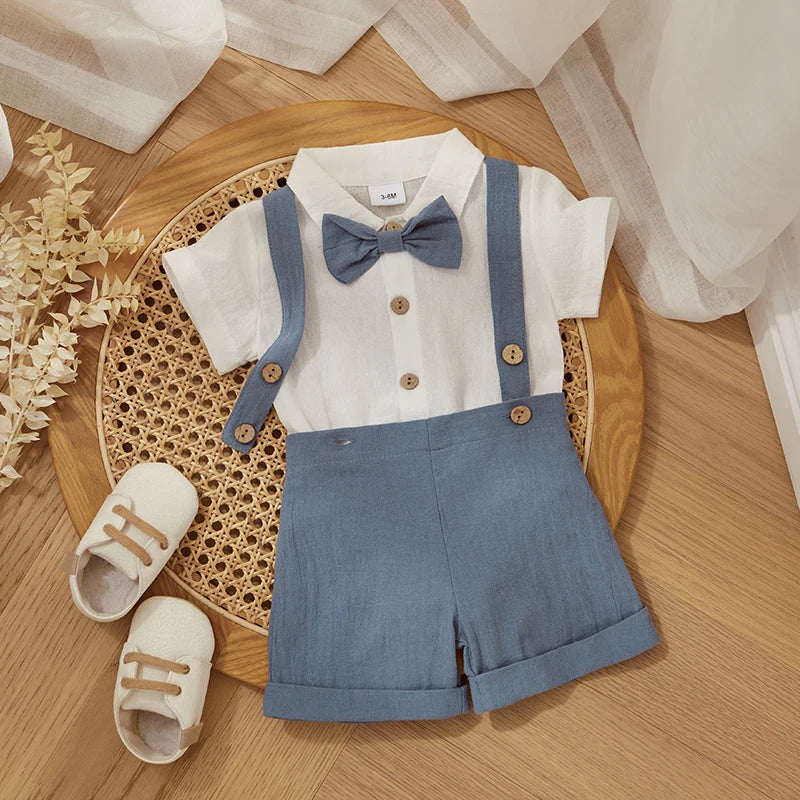 Fashion Summer Baby Boy Clothes Toddler Gentleman Outfits Short Sleeves Romper with Bow Tie Overalls Shorts Set for Formal Wear