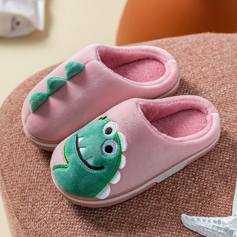 Boys Girls Winter Home Cotton Shoes Cartoon Dinosaur Embroidery Plush Slippers Back Wrap Soft Sole Non-slip Indoor Warm Shoes