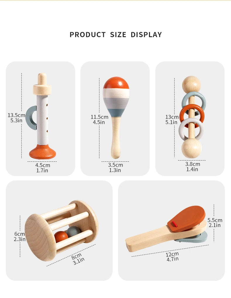 Baby Wooden Musical Instrument Toy Handheld Bell Ringing Rattle for Toddlers Sensory Development Early Childhood Education