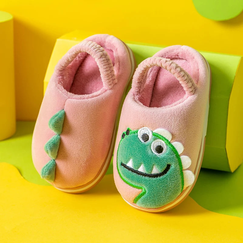 Boys Girls Winter Home Cotton Shoes Cartoon Dinosaur Embroidery Plush Slippers Back Wrap Soft Sole Non-slip Indoor Warm Shoes