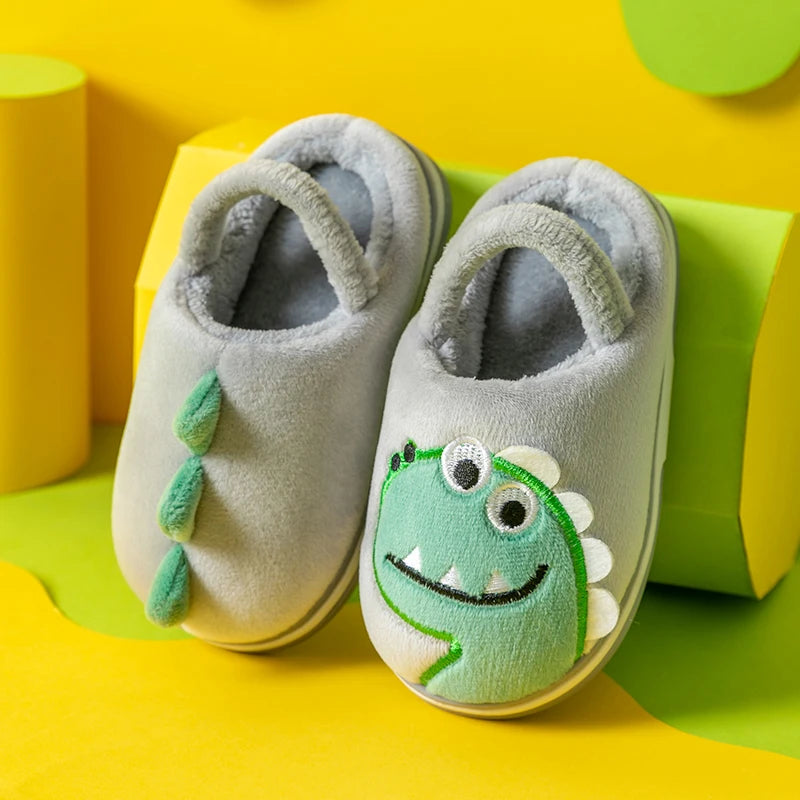 Boys Girls Winter Home Cotton Shoes Cartoon Dinosaur Embroidery Plush Slippers Back Wrap Soft Sole Non-slip Indoor Warm Shoes