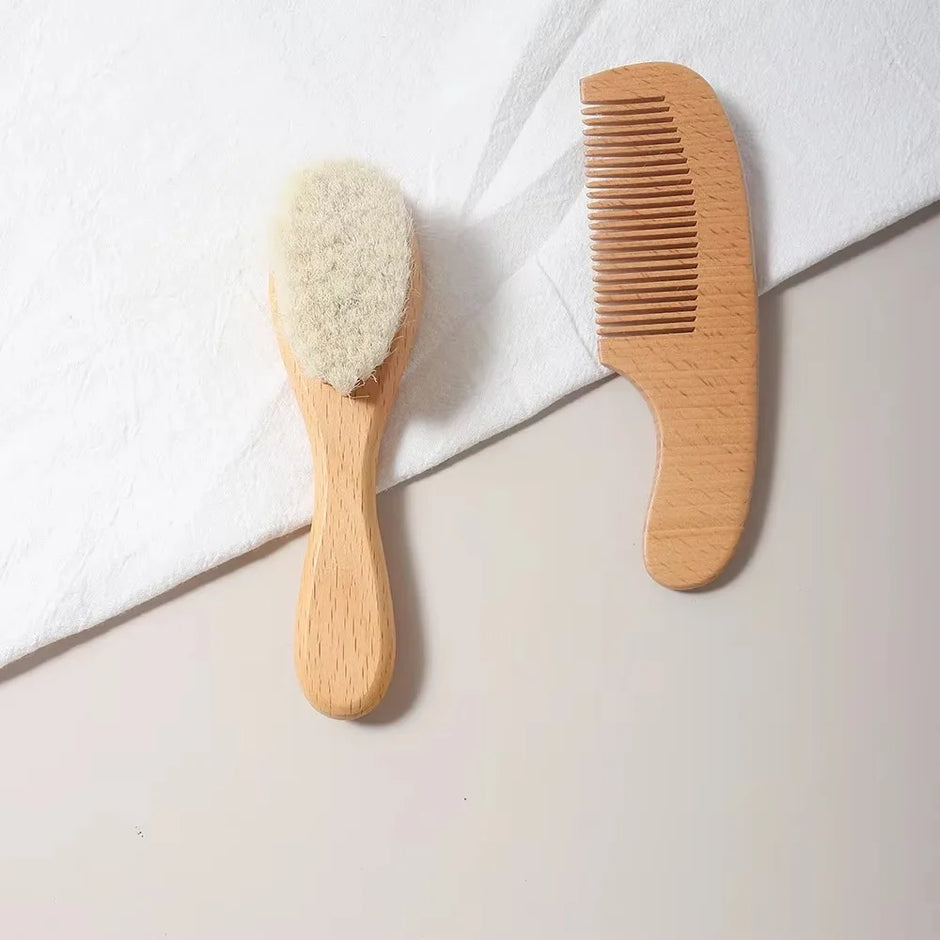 2pcs Baby Comb Set Baby Care Hair Brush Beech Soft Wool Wood Comb Newborn Massager Baby Shower And Gift Baby Hair Soothing