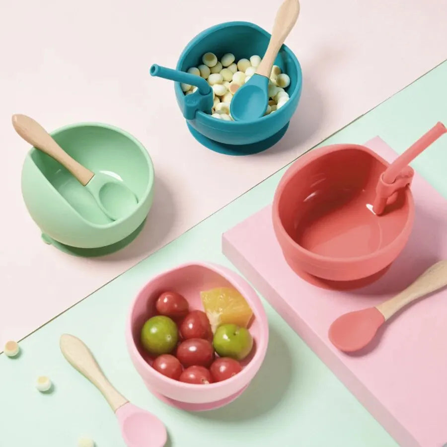 High Quality Spill-Proof Silicone Feeding Bowl Baby Dishes Kid Dinner Spoon Food Grade Silicone Baby Silicone Tableware