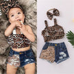 0-36months Baby Girls Leopard Outfit Sleeveless Leopard Crop Top Patchwork Denim Shorts Bowknot Headband Outfit For Infant Girls