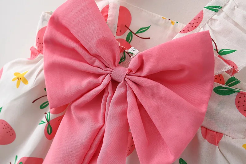 2 PcsSummer New Full of Fruit Print Big Bow Cotton Skirt Girl's Cotton Skirt Free Straw Hat
