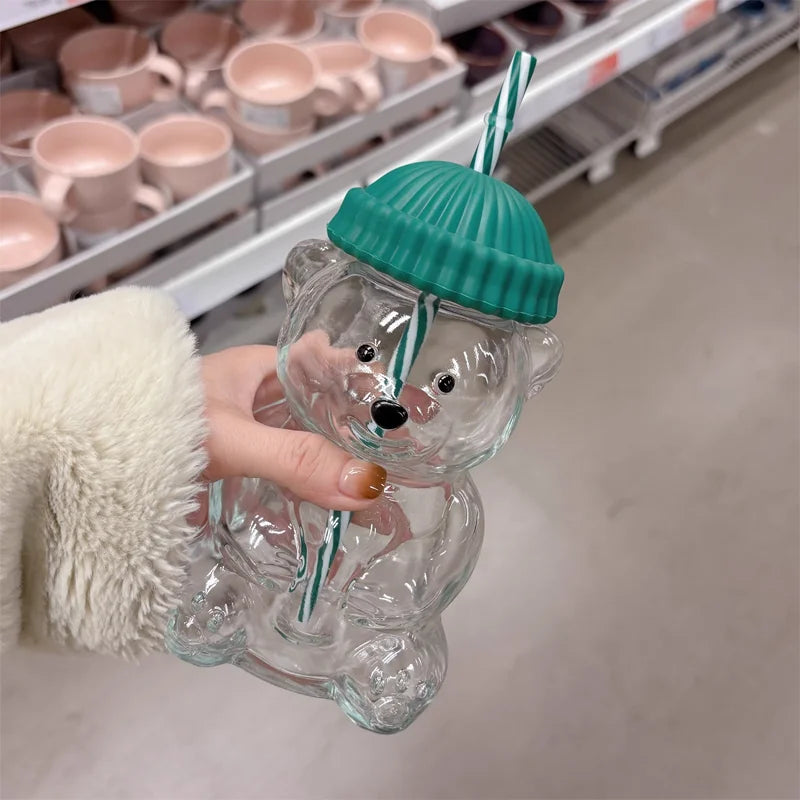 New glass bear cup with straw and lid, 20 oz high borosilicate glass, suitable for all beverages, can be used in microwave oven