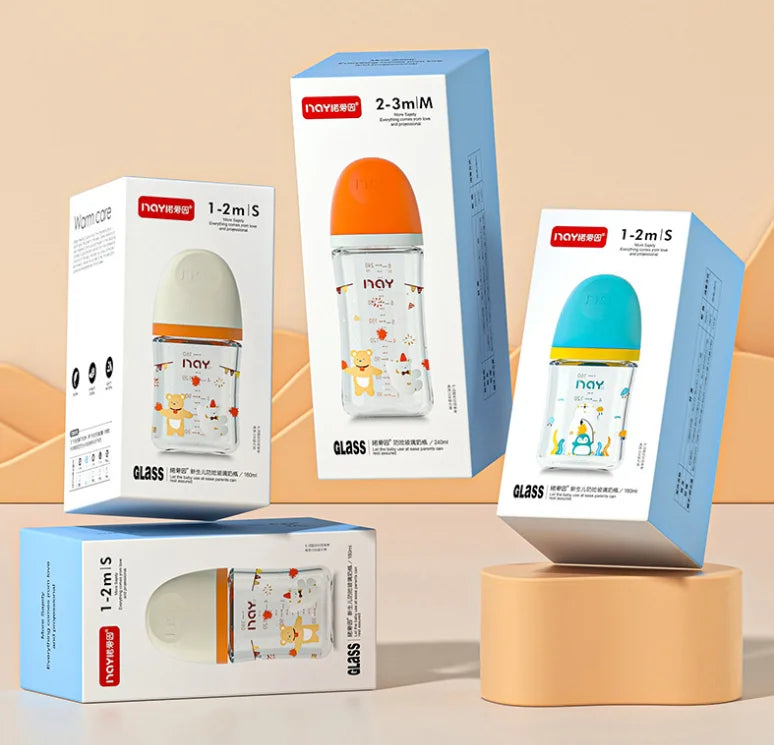 Colorful cartoon baby baby anti choking glass bottle suitable for newborns, 160ml 240ml 0-3 month bottle