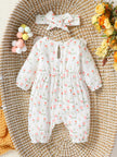 Baby Girls Summer Long Sleeve Printing Love With Bowknot  For Casual Daily Cotton Jumpsuit