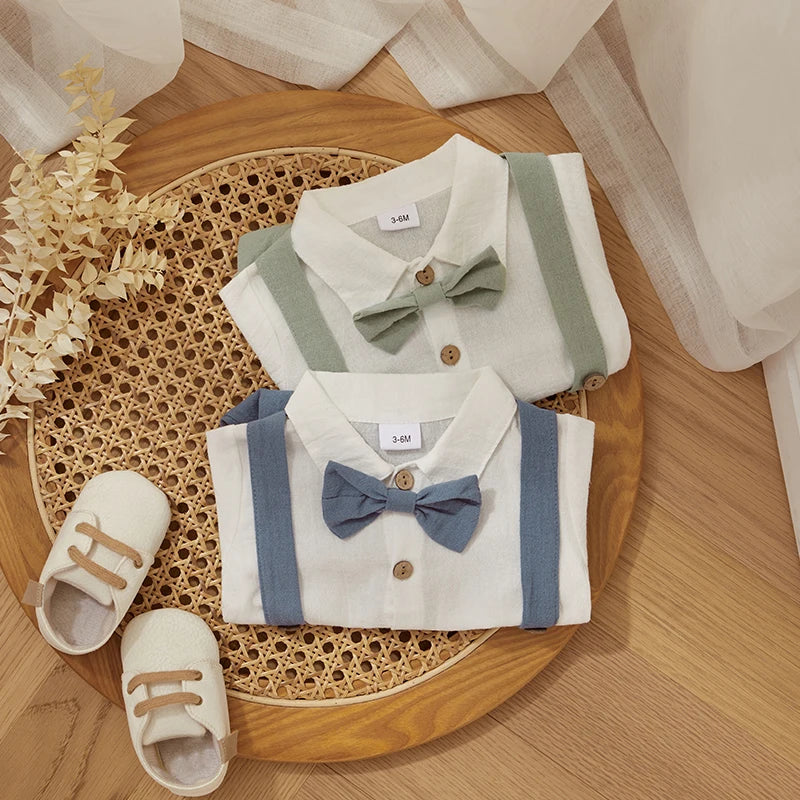 Fashion Summer Baby Boy Clothes Toddler Gentleman Outfits Short Sleeves Romper with Bow Tie Overalls Shorts Set for Formal Wear