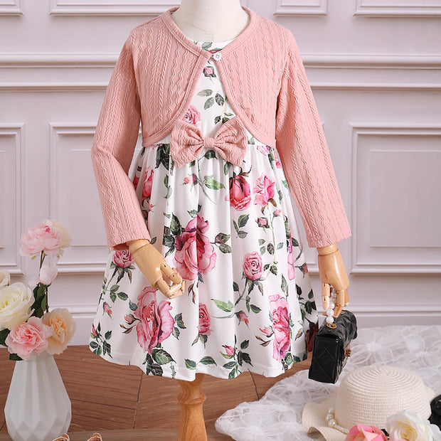 0-3 Years 2PCS Birthday Party Clothing Set Pink Long Sleeves Coat+Flower Dress for Kids Girl Fashion Wedding Dinner Skirt Outfit