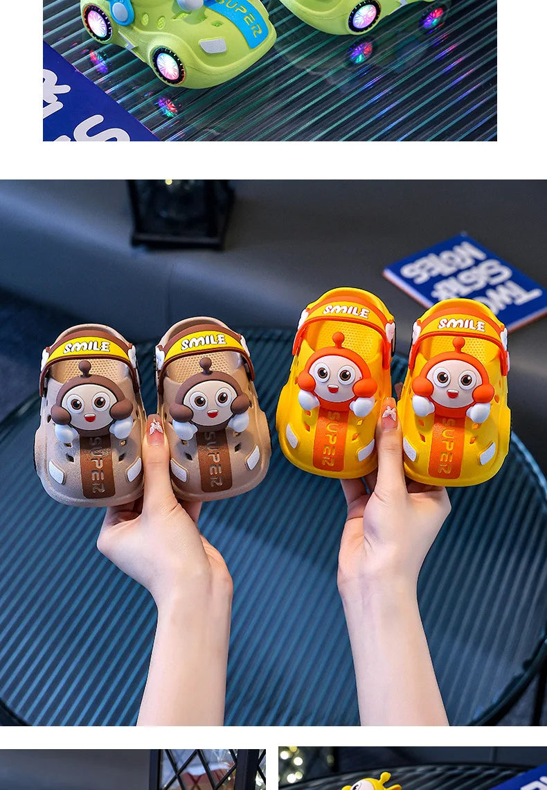 Children's Flashing Light Hole Shoes, Anti Slip Soft Soled Toe Cap Slippers, Cartoon Car Illuminated Slippers for Boys and Girls