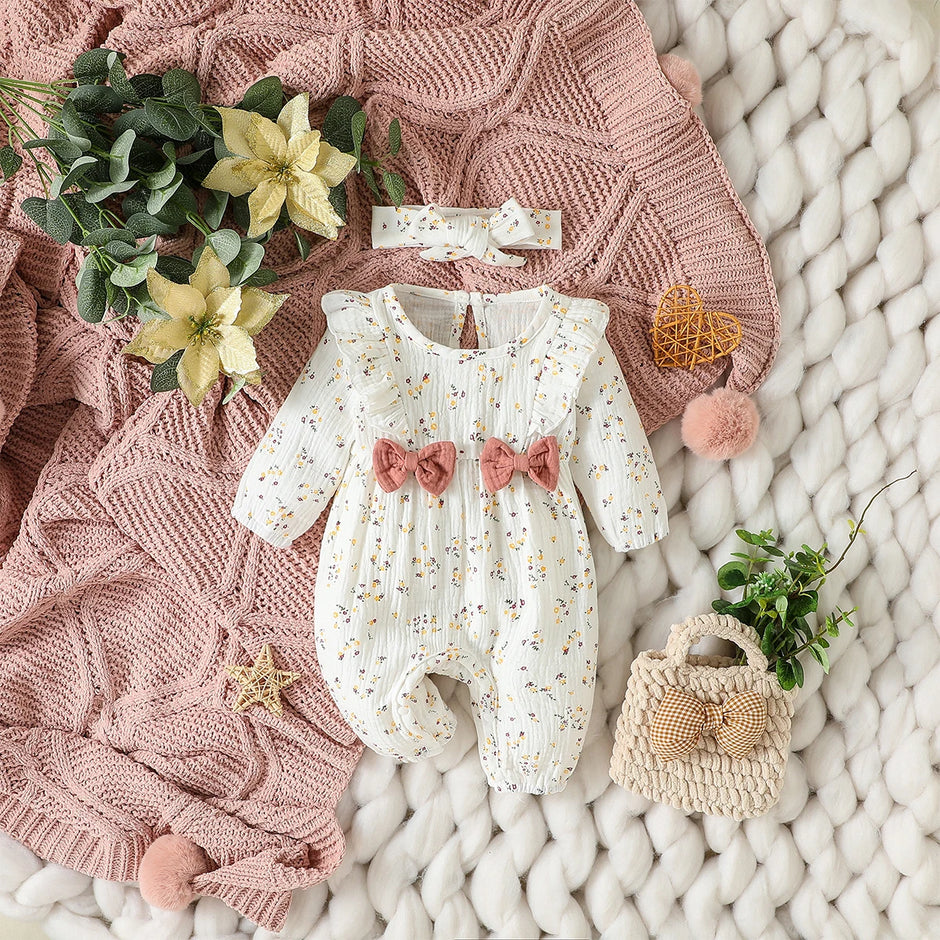 Baby Girls Summer Long Sleeve Printing Love With Bowknot  For Casual Daily Cotton Jumpsuit