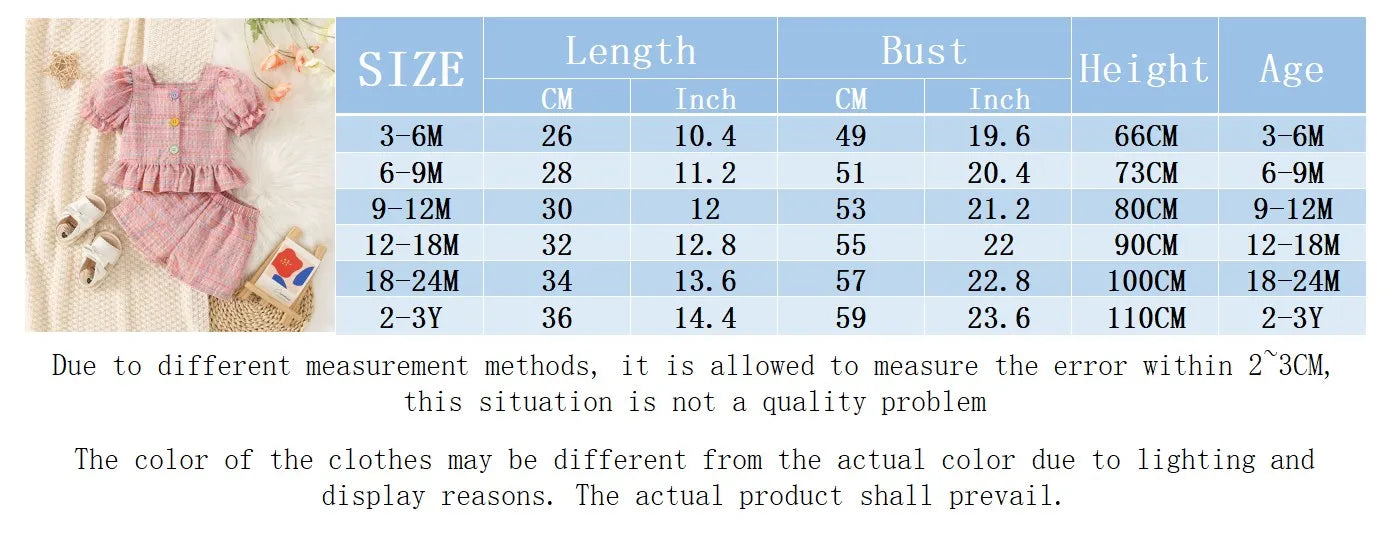 (0-3 Years Old) Summer Baby Girl Cotton Color Plaid Bubble Sleeve Top And Shorts Set Cute Princess Style Two-Piece Set For Girls