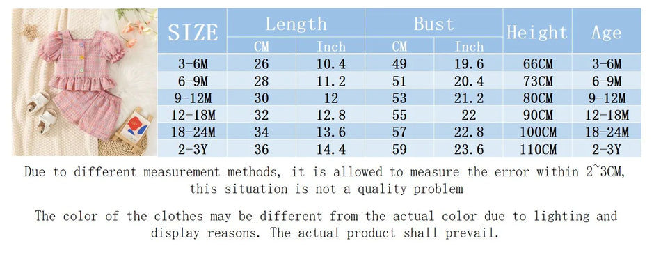 (0-3 Years Old) Summer Baby Girl Cotton Color Plaid Bubble Sleeve Top And Shorts Set Cute Princess Style Two-Piece Set For Girls