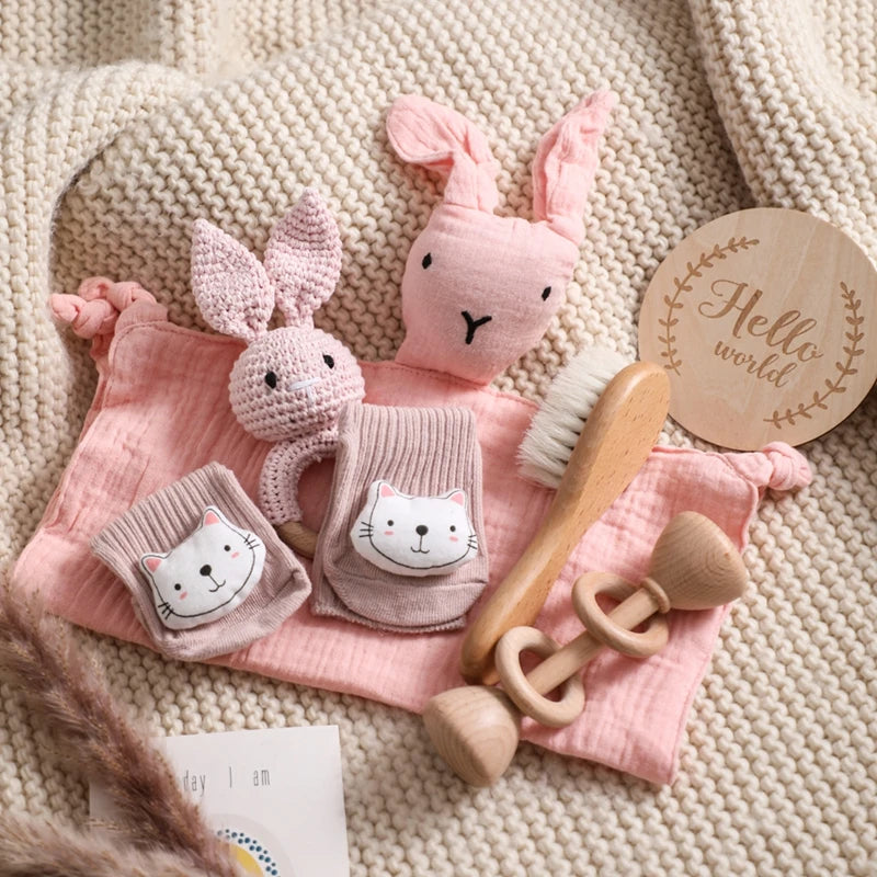 Let's Make Baby Bath Toy Set Double Sided Cotton Blankets Crochet Rattle Wooden Ring Infant Teether Bath Brush For Newborn Gift