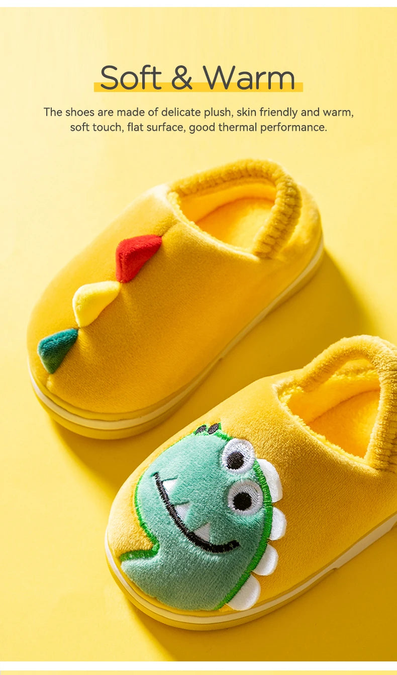Boys Girls Winter Home Cotton Shoes Cartoon Dinosaur Embroidery Plush Slippers Back Wrap Soft Sole Non-slip Indoor Warm Shoes