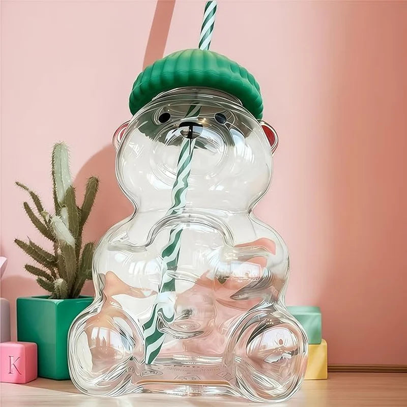 New glass bear cup with straw and lid, 20 oz high borosilicate glass, suitable for all beverages, can be used in microwave oven