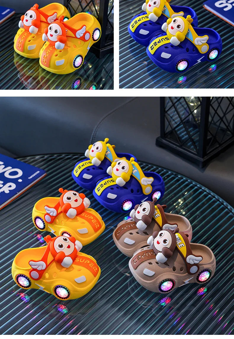 Children's Flashing Light Hole Shoes, Anti Slip Soft Soled Toe Cap Slippers, Cartoon Car Illuminated Slippers for Boys and Girls