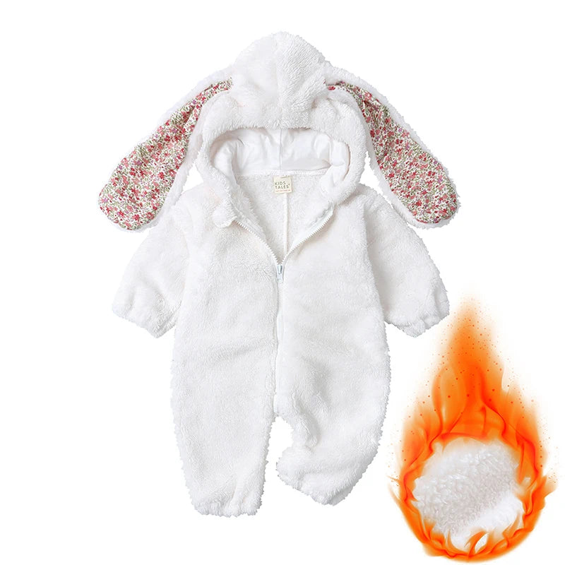 Baby Plush Rompers Winter Toddler Warm Polar Fleece Outfits Newborn Long Sleeve Bunny Ear Hooded Zipper Closure Jumpsuits